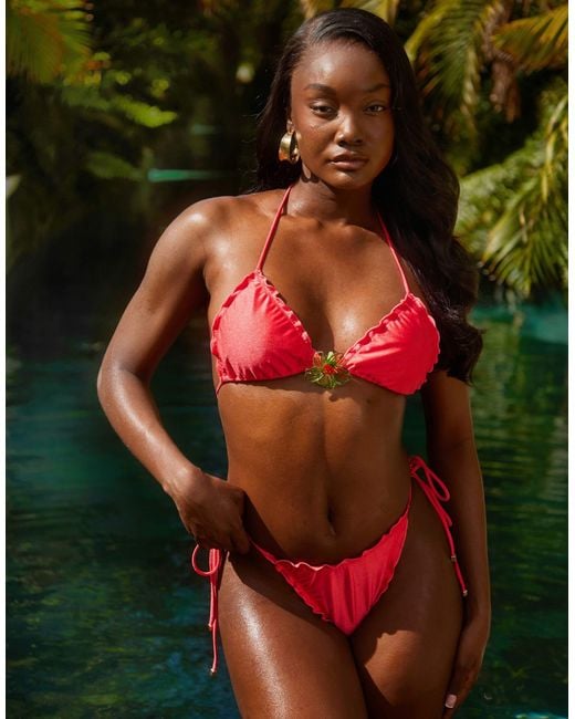 South Beach Green Triangle Bikini Top With Frill Hem And Flower Detail