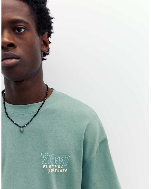 Pull&Bear Green Stwd T-shirt With Universe Graphic for men