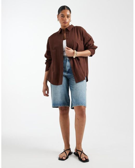 ASOS Brown Asos Design Curve Oversized Shirt With Linen