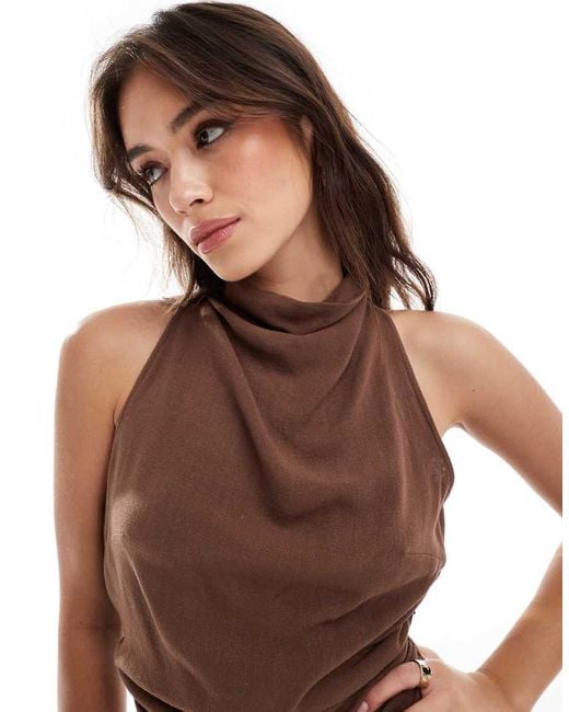ASOS Brown High Neck Cross Back Column Midi Dress