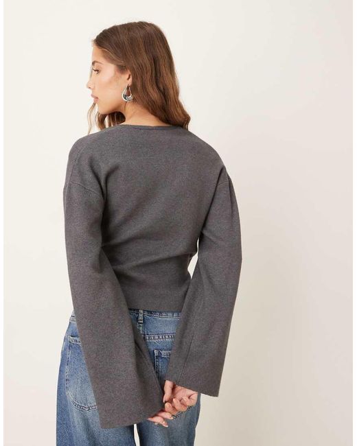 Gina Tricot Gray V Neck Knitted Wrap Cardigan With Wide Sleeves
