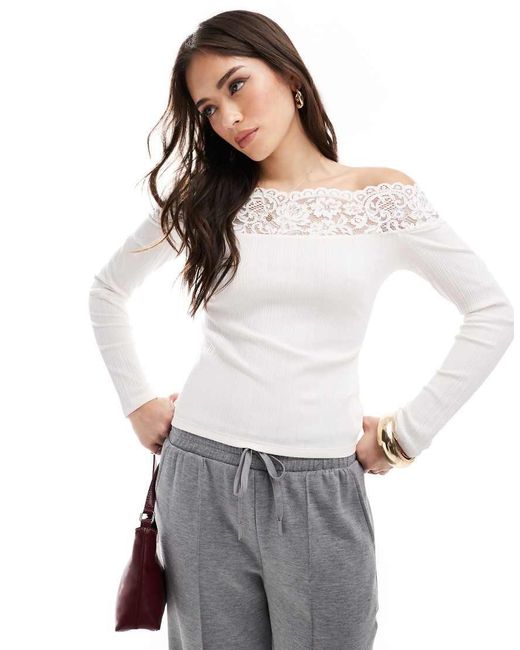 Morgan White Lace Trim Fine Rib Bardot Long Sleeve Top