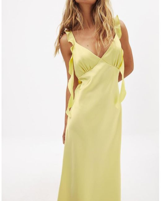NA-KD Yellow Satin Ruffle Shoulder Maxi Dress