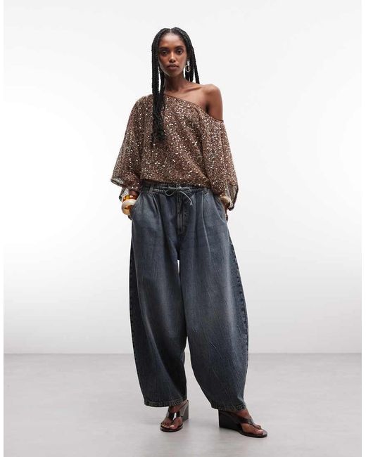 ASOS Brown Sheer Crochet Sequin Asymmetric Slouchy Cape Top