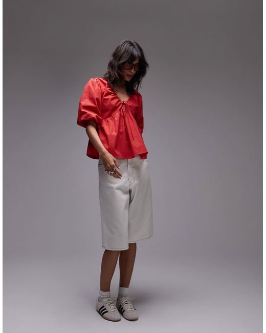 TOPSHOP Red Poplin Puff Sleeve Top
