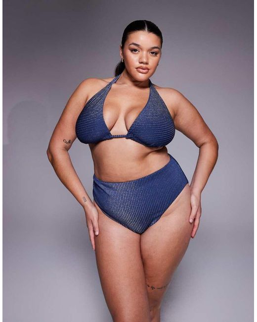 ASOS Blue Asos Design Curve Riddy Laguna Glitter Rib High Apex Tie Front Bikini Top