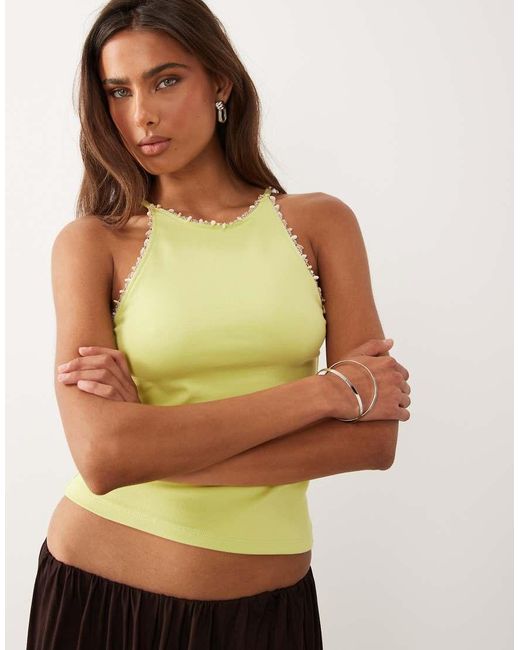 ASOS Green Compact Cotton Racer Top With Bead Detail
