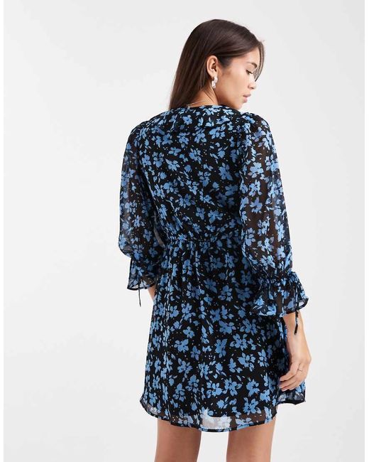 New Look Blue Floral Chiffon Frill Mini Dress