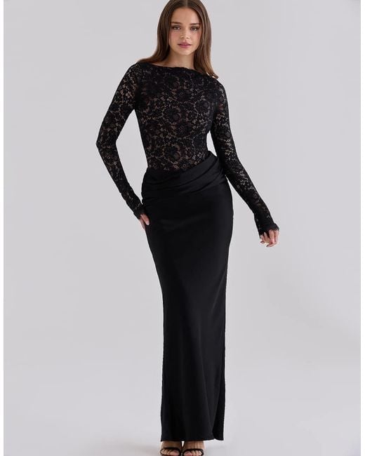 House Of Cb Black Yasmeen Corded Lace + Satin Draped Maxi Dress