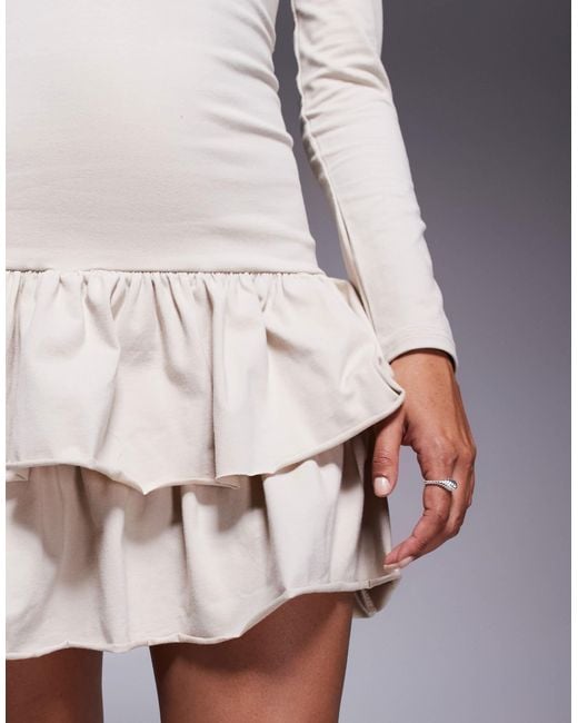 Fashionkilla Gray Cotton Long Sleeve Drop Waist Ruffle Hem Mini Dress