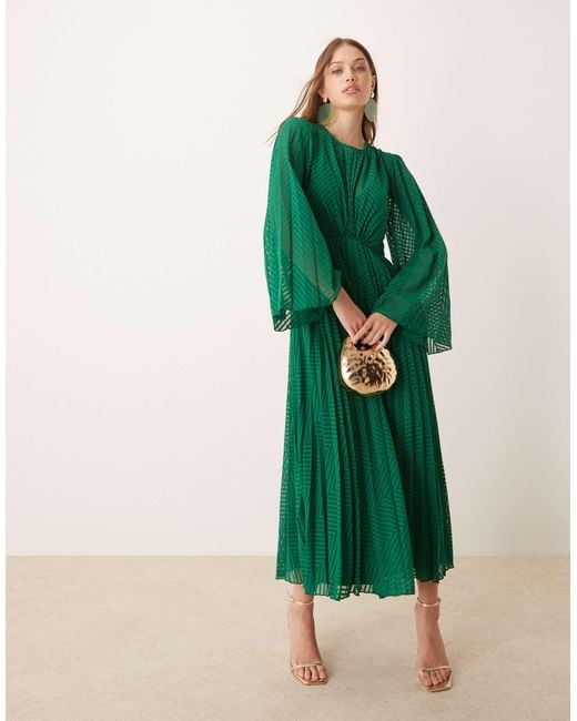 ASOS Women's Green Tie Back Fluted Sleeve Pleated Chevron Chiffon Midi Dress