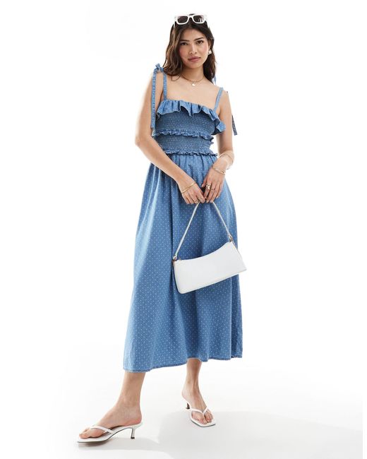 ASOS Blue Denim Maxi Dress With Frill Detail