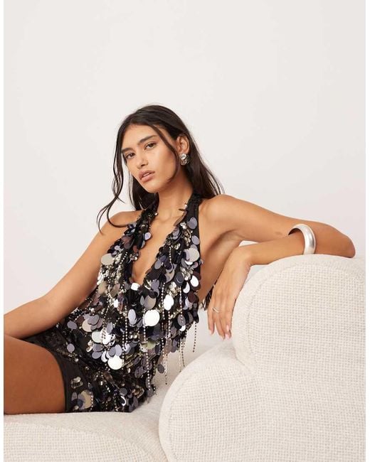 ASOS Natural Sequin Fringe Halter Cowl Neck Mini Dress