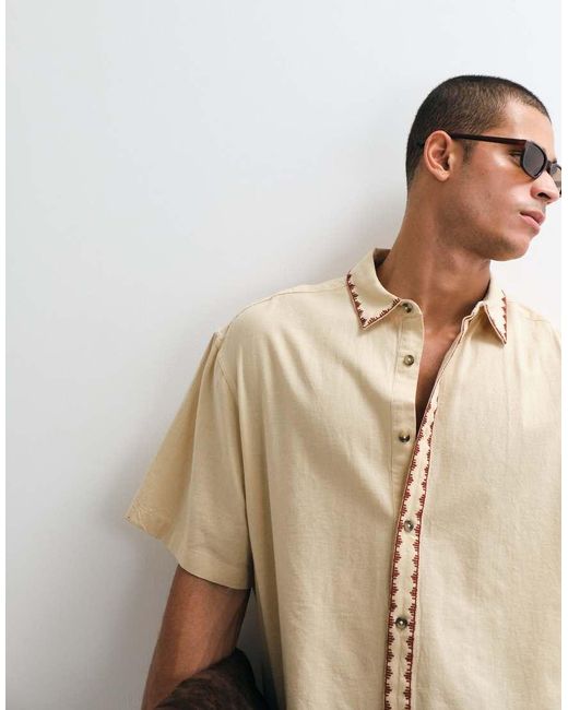 ASOS Natural Boxy Oversized Shirt With Linen And Embroidery for men