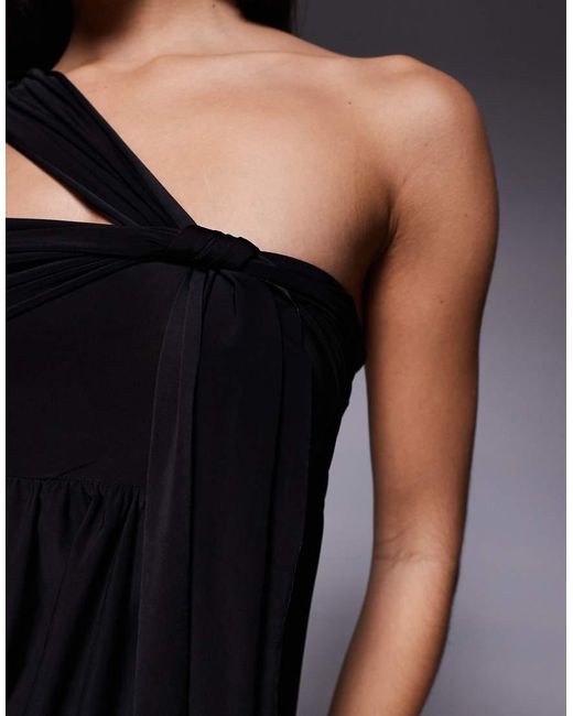 Fashionkilla Black Exclusive Double Sculpted Slinky Asymmetric Knot Strap Fold Over Mini Dress