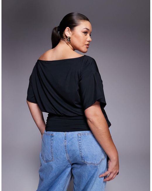 ASOS Blue Asos Design Curve Slinky Asymmetric One Shoulder Short Sleeve Top With Cinched Waist Detailing