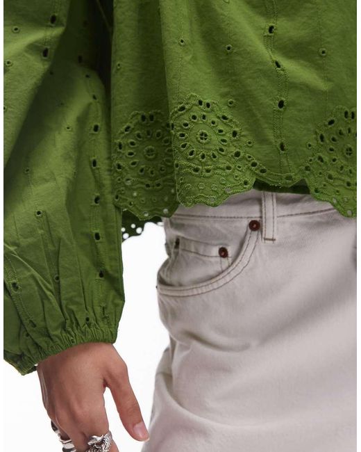 TOPSHOP Green Cutwork Long Sleeve Top