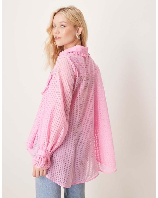 Y.A.S Pink Sheer Check Ruffle Trim Detail Shirt