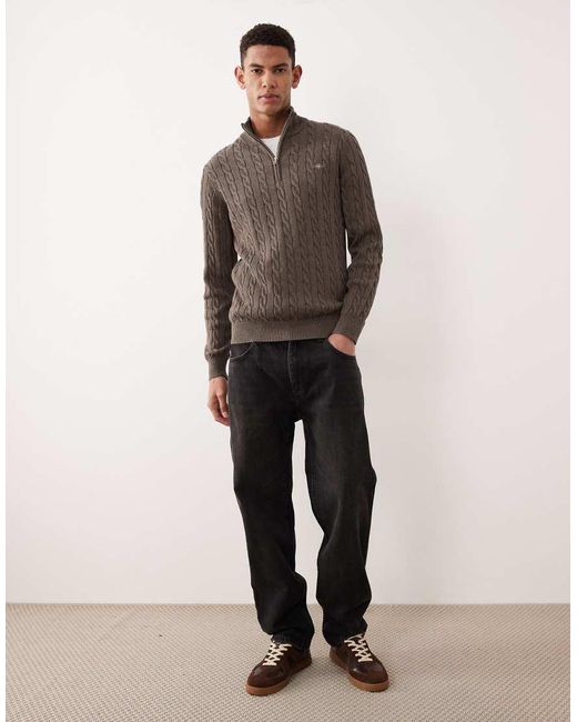 Gant Brown Cotton Cable Knit Half Zip Jumper for men