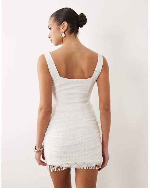 ASOS White Crepe Corset Mini Dress With Draped Lace Skirt And Pearl Trim