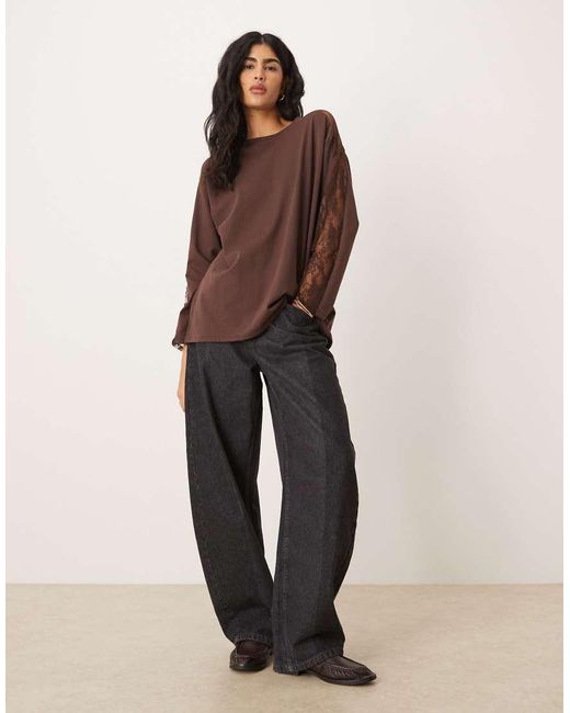 ASOS Brown Long Sleeve Oversized Top With Lace Trim Detail
