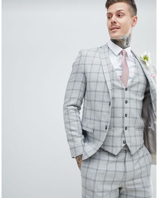 River Island – Enge, grau karierte Hochzeit-Anzugsjacke in Gray für Herren