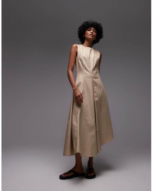 Mango Gray Premium Cotton Pleat Detail Midi Dress
