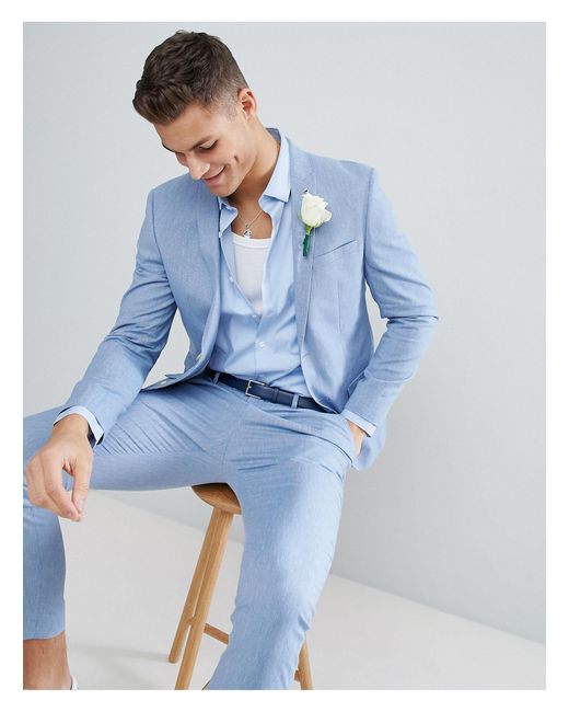 River Island Blue Wedding Linen Suit Jacket for men