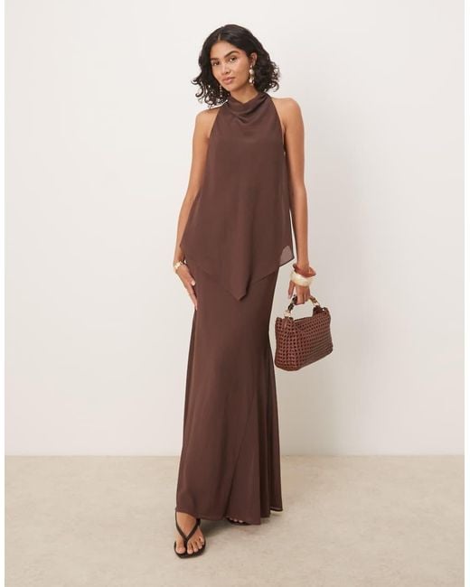 ASOS Brown Chiffon High Neck Double Layer Maxi Dress