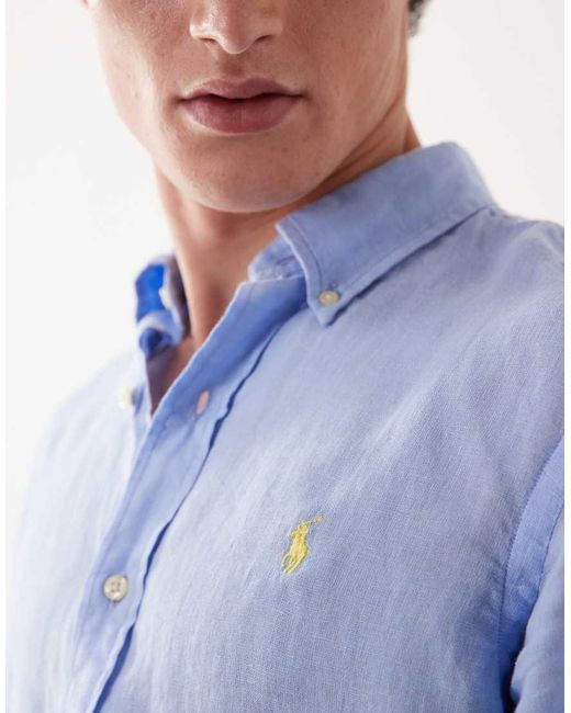 Polo Ralph Lauren Blue Icon Logo Long Sleeve Linen Shirt for men