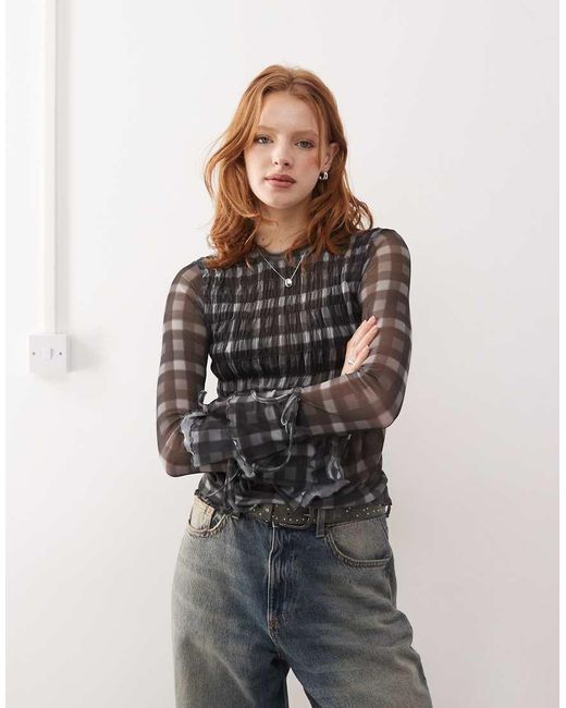 Collusion Gray Ruched Detail Blur Check Mesh Long Sleeve Top