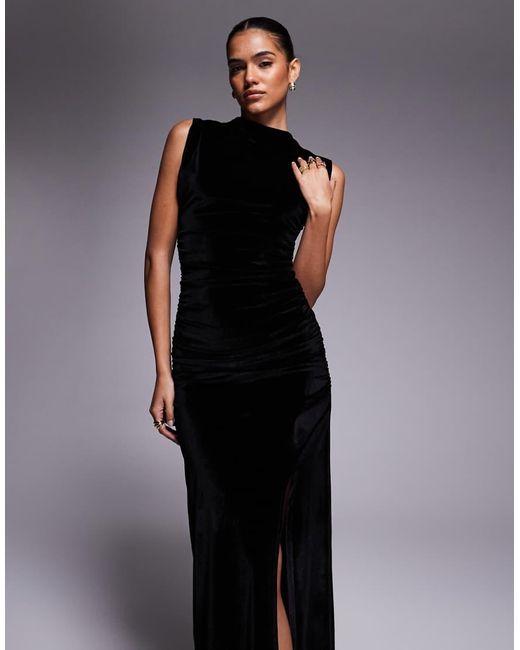 ASOS Black Maxi Velvet Ruched Side Dress With Thigh Split