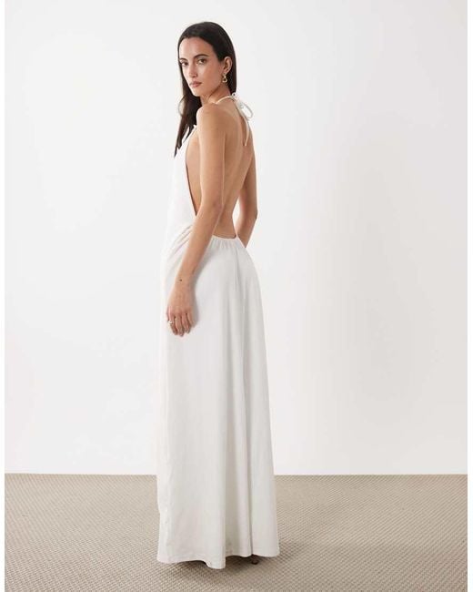 SNDY'S White Cotton Blend Halterneck Low Back Side Drape Detail Maxi Dress