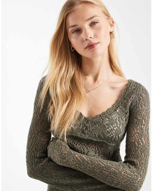 Hollister Gray Long Sleeve Boho Babydoll Top