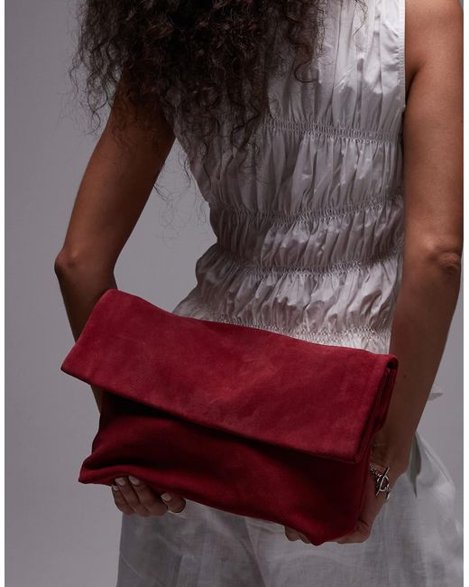 & Other Stories Red Folded Suede Clutch With Attachable Shoulder Strap