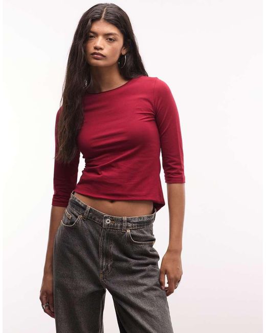 Weekday Red Slim Three Quarter Length Sleeve Top