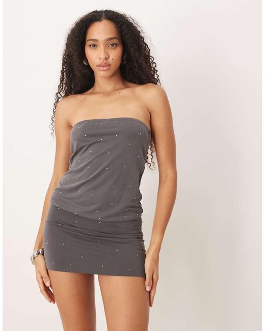 Motel Gray Belia Slinky Rhinestone Bandeau Mini Dress