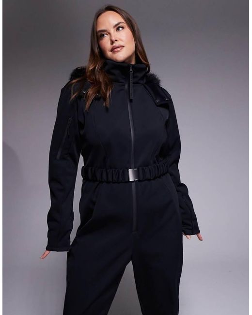 ASOS 4505 Ski & Snow Blue Asos 4505 Curve Ski Soft Shell Belted Ski Suit With Slim Kick Leg And Faux Fur Hood