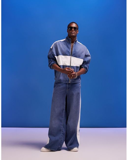 Veste en jean d'ensemble à fermeture éclair et empiècements style années 90 - moyen délavé/blanc ASOS pour homme en coloris Blue