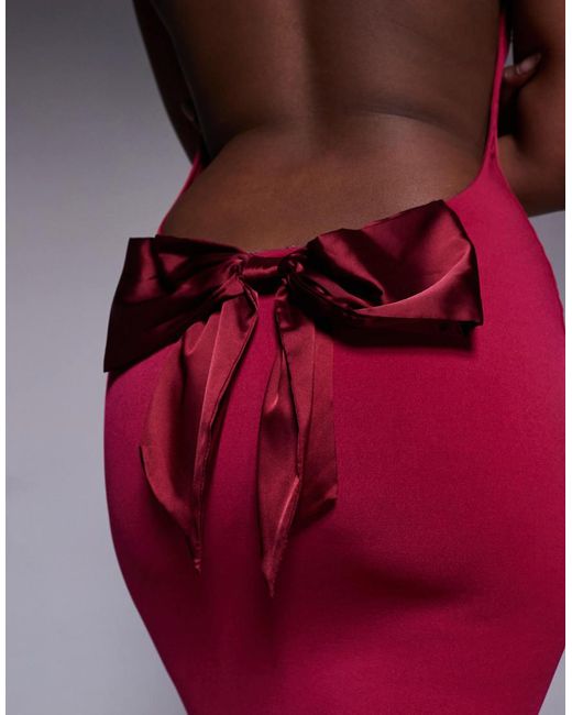Tiger Mist Red Zita Square Neck Open Scoop Back Satin Bow Detail Maxi Dress