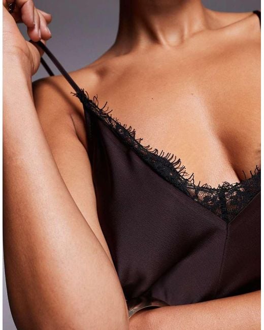 ASOS Brown V Neck Lace Trim Satin Slip Maxi Dress