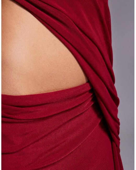 ASOS Gerimpelde Midi-Jurk Van Mesh Met Blote Schouders En Sjerp Met Ruches in het Red