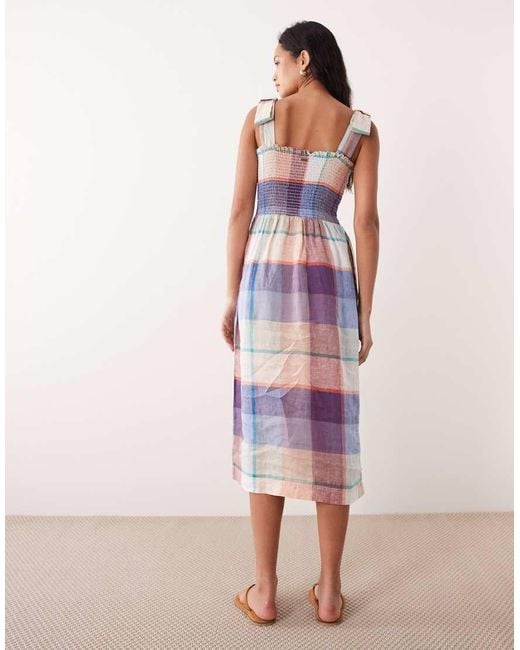 Barbour Pink Amelie Linen Shirred Tartan Frill Midi Dress