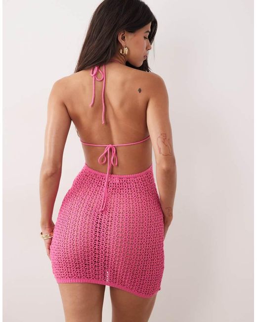 Kaiia Pink Exclusive Halterneck Crochet Star Bust Mini Dress
