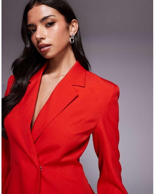 Kaiia Red Exclusive Tailo Cinch Waist Detail Shoulder Pad Blazer Co-ord