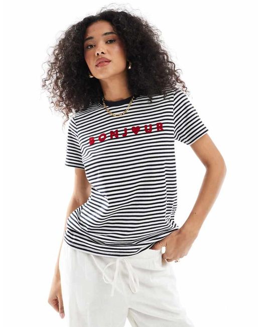 French Connection Gestreept T-Shirt Met Bonjour-Print in het Blue