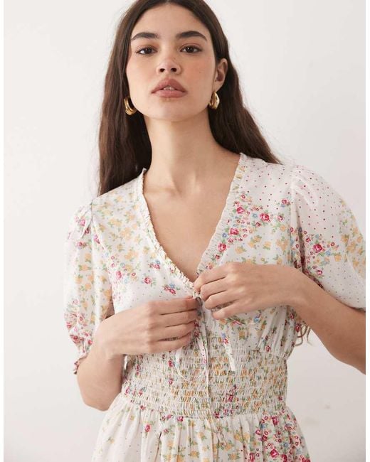 Wednesday's Girl Natural Wednesdays Girl Floaty Mini Dress Spliced Floral Spot