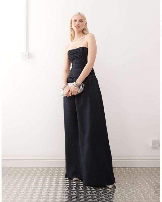 Lioness Blue Lush Linen Blend Bandeau Ruched Bodice Detail Maxi Dress