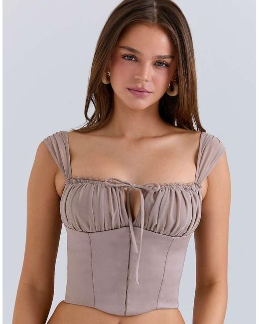 House Of Cb Blue Anja Mocha Georgette Cap Sleeve Corset Top