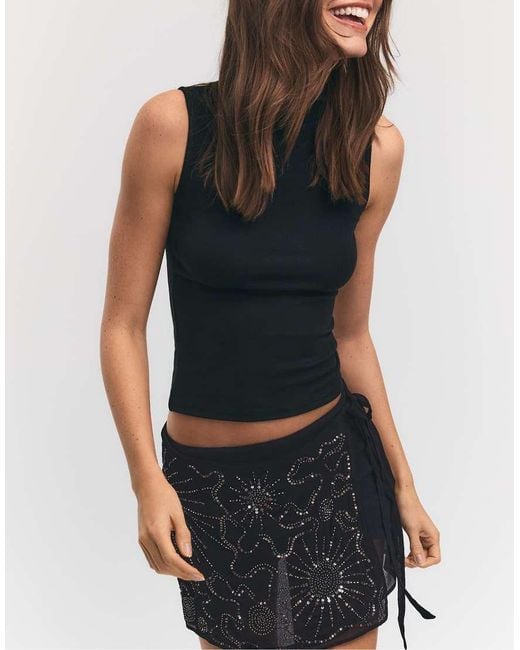 Stradivarius Black Embroidered Wrap Mini Skort
